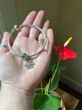 Authentic Pandora Sterling Silver Bangle Bracelet Set with 2 Holiday Charms